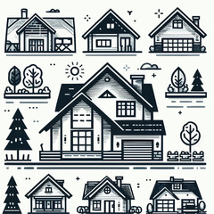 Fototapeta premium Stylized illustration of various house designs and landscapes 