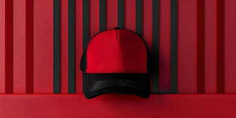 Red Baseball Cap with Black Brim on a Striped Red Background
