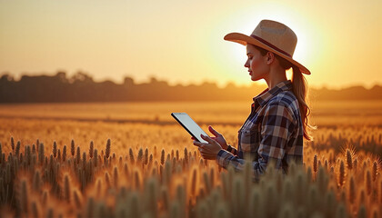 Female farmer using tablet in wheat field at sunset.

