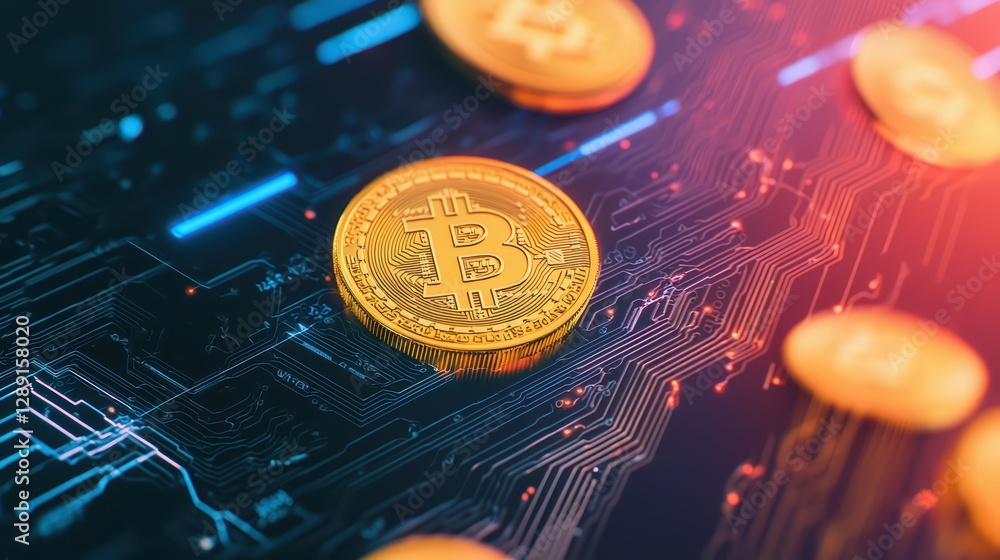 Aufkleber floating crypto coins in digital network with abstract background