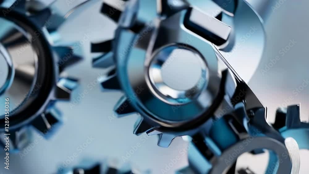 Poster Metallic gears rotating slowly, interlocking with precision on light blue background, revealing complex mechanical system and engineering dynamics