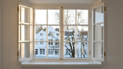 Sunlight beams shinning in room with view thought opened window on winter houses