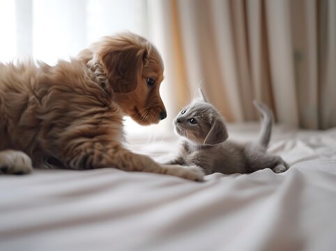 Playful Kitten Swatting at Confused Puppy&rsquo;s Tail in Adorable Animal Moment