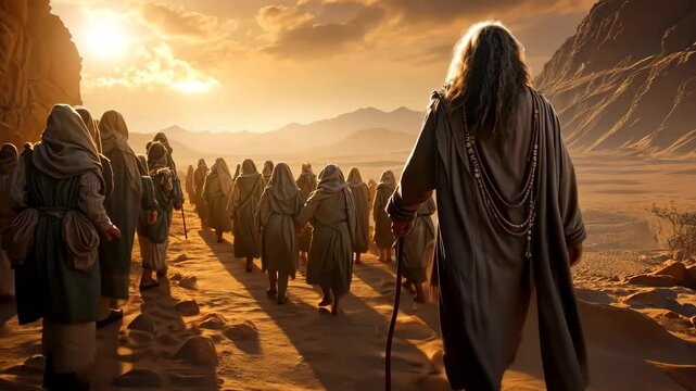 A prophet of God leading the people of Israel by the desert on the way to para a Promised Land 4K