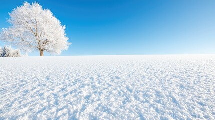 Fototapeta premium Snowy field with a frosted tree under a clear sky. Perfect for winter backgrounds