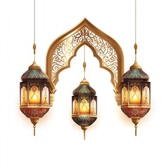Obraz premium Elegant Islamic Lanterns Hanging Under Ornate Arch Ramadan Festive Design