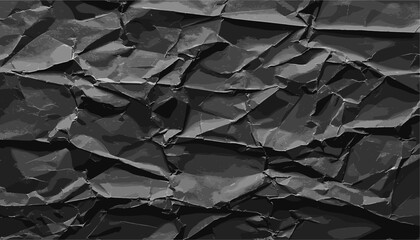 Vector black crumpled and creased paper, grunge texture background, old wrinkled sheet, dark vintage distressed surface, aged rough overlay, artistic abstract fold marks
