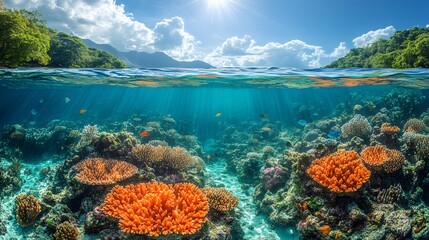 Naklejka premium Colorful coral reef thriving in tropical paradise with sunbeams piercing crystal clear water