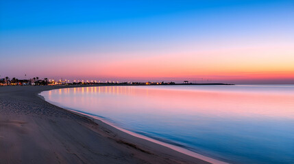 Fototapeta premium Pink and Blue Sunset over Calm Ocean Beach