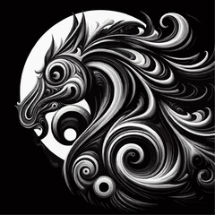 Fototapeta premium Artistic black and white horse head illustration with swirling mane and moon