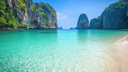 Fototapeta premium High-angle perspective of crystal-clear water with vibrant blue tones and sandy shores near lush islands of southern Thailand.