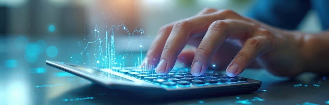 Close-up of person using calculator. Graph lines float above keys, representing data analysis, financial calculations. Tech concept for accounting, investment, planning, cyber security applications. - Powered by Adobe