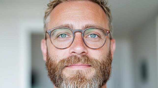 Close-up portrait of man with glasses and beard in home setting.  Possible use Business profile, marketing material