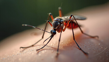 Fototapeta premium Close-up of mosquito on human skin in natural lighting.