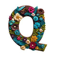 Colorful floral letter q with vibrant flowers and leaves on a bright background isolated on transparent background..
