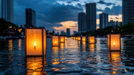 Fototapeta premium Lanterns Floating on the River During Loy Krathong Festival Evening