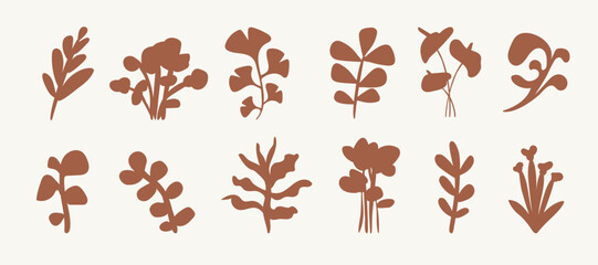Summer Botanical Set With Abstract Floral Design Natural Elements. Tropical Silhouettes Of Flowers And Plants Collage. Abstract Spring Natural Organic Shapes Leaves Flat Application. Isolated. Vector