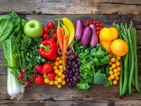 Top-down view of fresh fruits and vegetables arranged on rustic wooden table, colorful healthy food composition  
