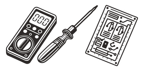 Repair line icon set. Set of 30 outline icons related to repair, tools, repairman, troubleshooting equipment and electronics. Repair outline icons collection. Editable stroke