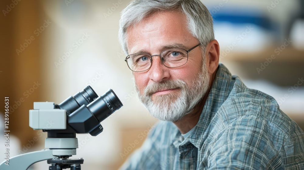 Poster researcher using microscope in laboratory environment embracing chaos