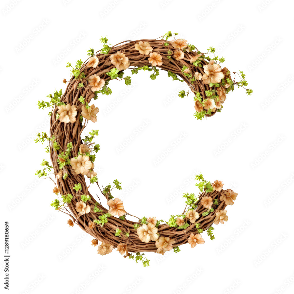 Poster wreath made of colorful flowers and green leaves arranged in a circular shape on a neutral backgroun