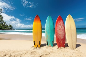 Colorful surfboards standing on tropical beach on sunny day
