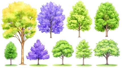 Collection of Various Trees in Vibrant Colors Featuring Green, Yellow, and Purple Shades