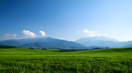 Fototapeta premium Vast Green Field with Mountain Range under a Blue Sky