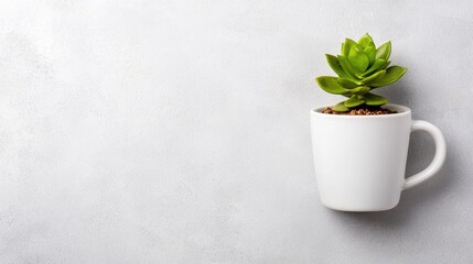 Small succulent in white cup on light gray background