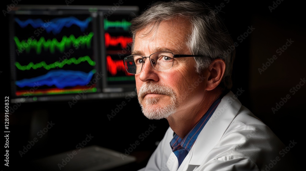 Poster scientist analyzing data on computer screen in modern laboratory
