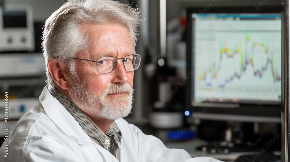 Poster scientist analyzing data on computer screen in laboratory environment