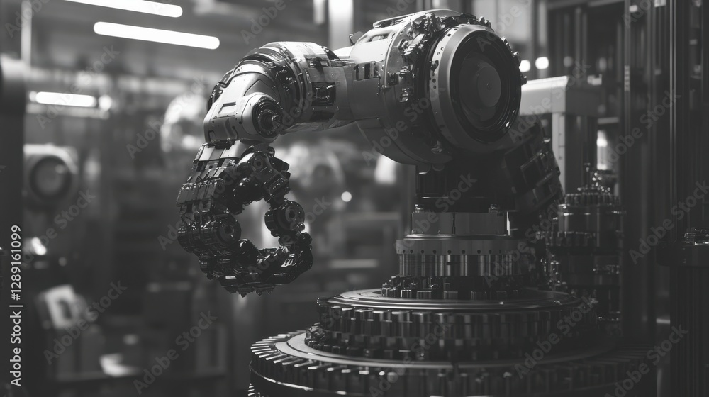 Poster there are robotic arms working on the assembly line in modern workshops