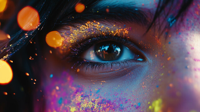 A joyful moment captured during the Holi festival with colorful powder on faces celebrating unity and happiness