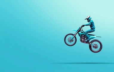 An enthusiastic person in action jumping on a dirt bike at a motocross track showing excitement