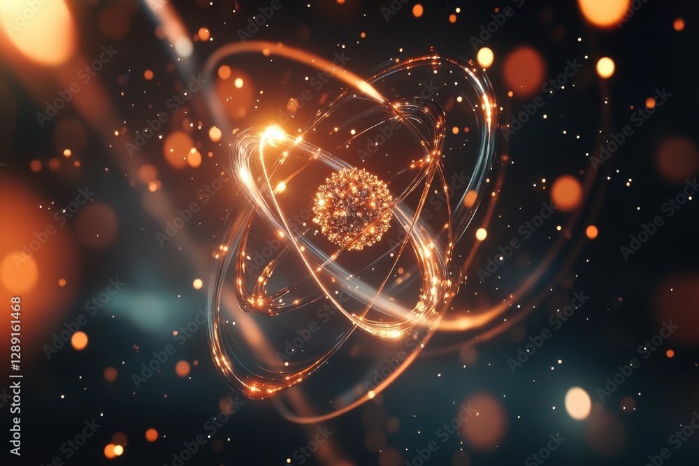Poster visual representation of an atom with orbiting electrons in a dark space environment