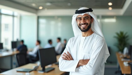 Happy Emirati Arab businessman at office wearing traditional Kandura with arms crossed. Smiling middle eastern male entrepreneur, leader. Modern corporate workspace with tech, confident expression.