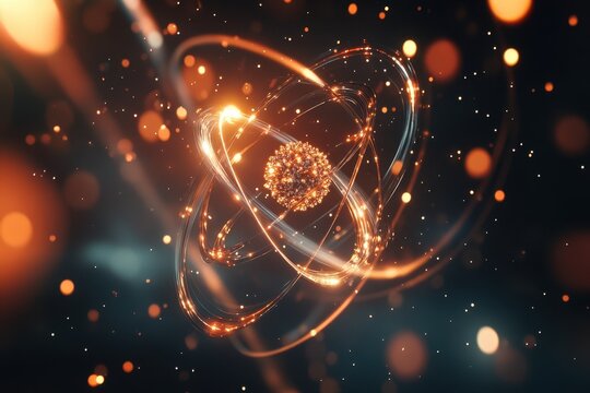 Visual representation of an atom with orbiting electrons in a dark space environment