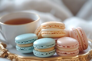 Obraz premium Delicate pastel macarons nestled on gilded tray beside steaming teacup, capturing elegant sweetness and refined culinary moment