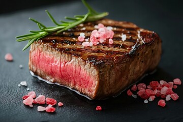 Seared rare beef steak with pink Himalayan salt, rosemary garnish resting on dark slate platter