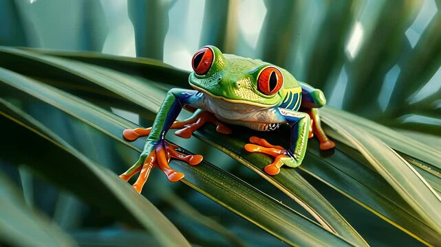 Red-eyed Amazon frog, on a palm leaf