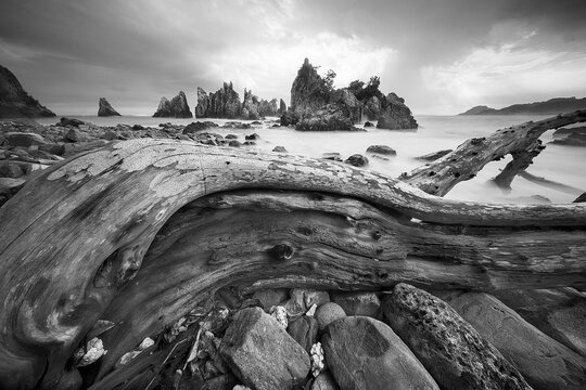 Landscape and seascape of rocky beach at Shark Tooth Beach Kelumbayan Lampung