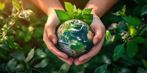 Planet in your hands. Save Earth. Environment concept. Green leaves background.