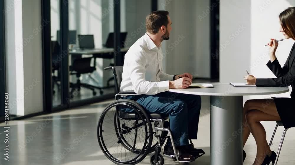 Poster montage showcasing a businessman using a wheelchair actively engaging in a discussion with a female 