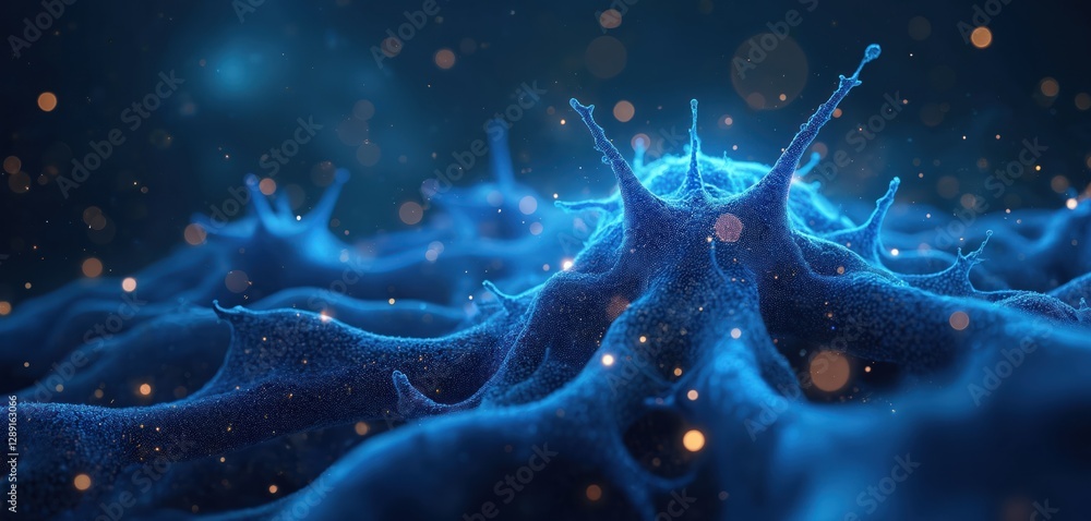 Poster digital rendering of glowing blue neural network. neuron activity, complex nerve cell web against da