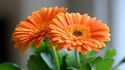 Closeup of Two Vibrant Orange Gerbera Daisies with Green Leaves