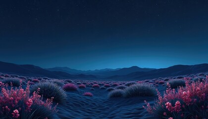 Night desert landscape with dark blue hills and starry sky. Bushes and flowers glow in twilight. Journey across wilderness in night time. Explore the nature on the background of starry horizon.