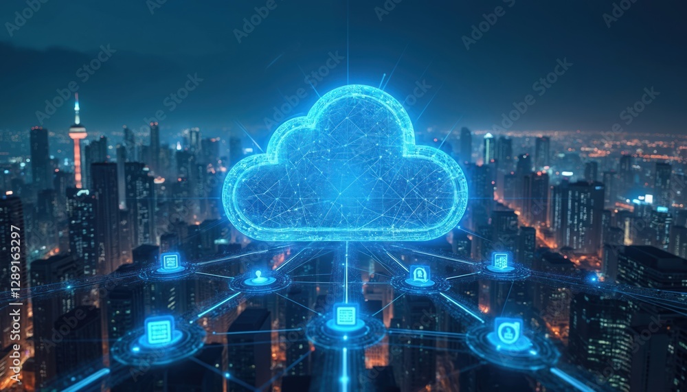 Poster glowing cloud computing icon over city skyline with connected icons representing data, technology. f
