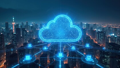 Glowing cloud computing icon over city skyline with connected icons representing data, technology. Futuristic design of network cyberspace connection. Digital innovation with global wireless
