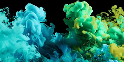 Abstract Ink Swirls in Turquoise, Green, and Yellow on Black