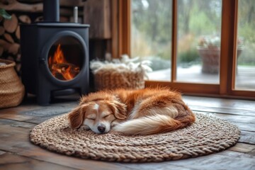 Brown and white dog sleeping on a round carpet in front of a burning fireplace, cozy home atmosphere